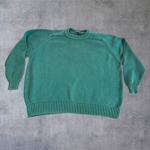 Vintage Lands End Green Cotton Sweater Womens XL Made in USA Raglan Crewneck